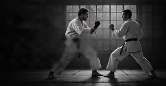 Kumite: zwei erwachsene Karateka stehen einander in konzentrierten Kampfstellungen gegenüber.